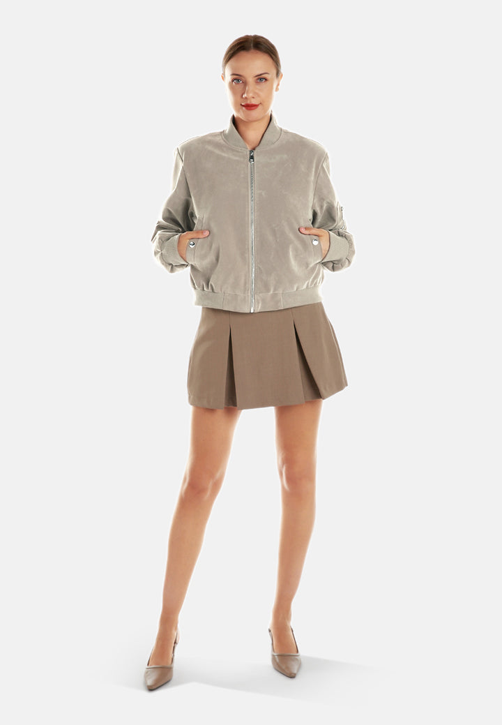 zipper detail bomber jacket#color_stone