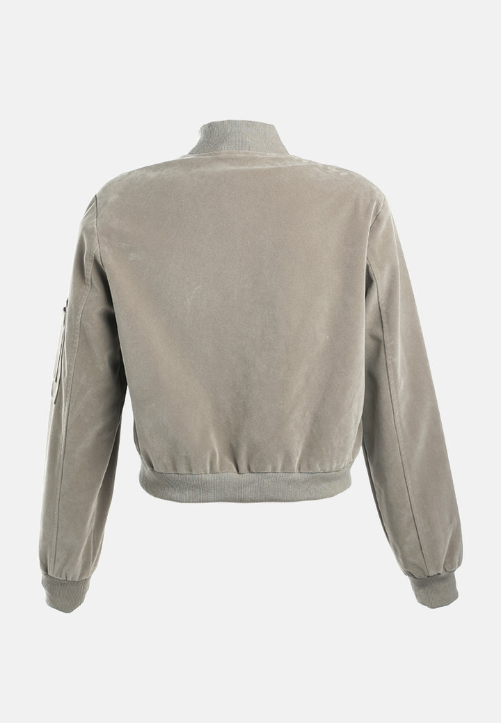 zipper detail bomber jacket#color_stone