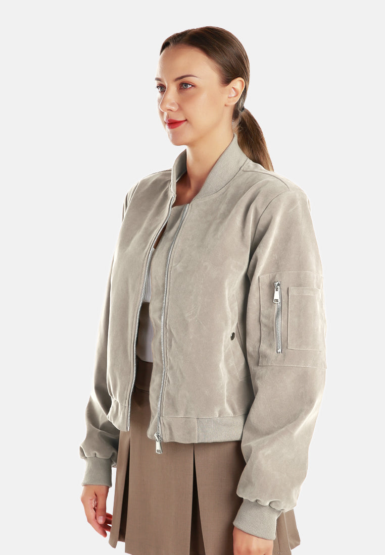 zipper detail bomber jacket#color_stone