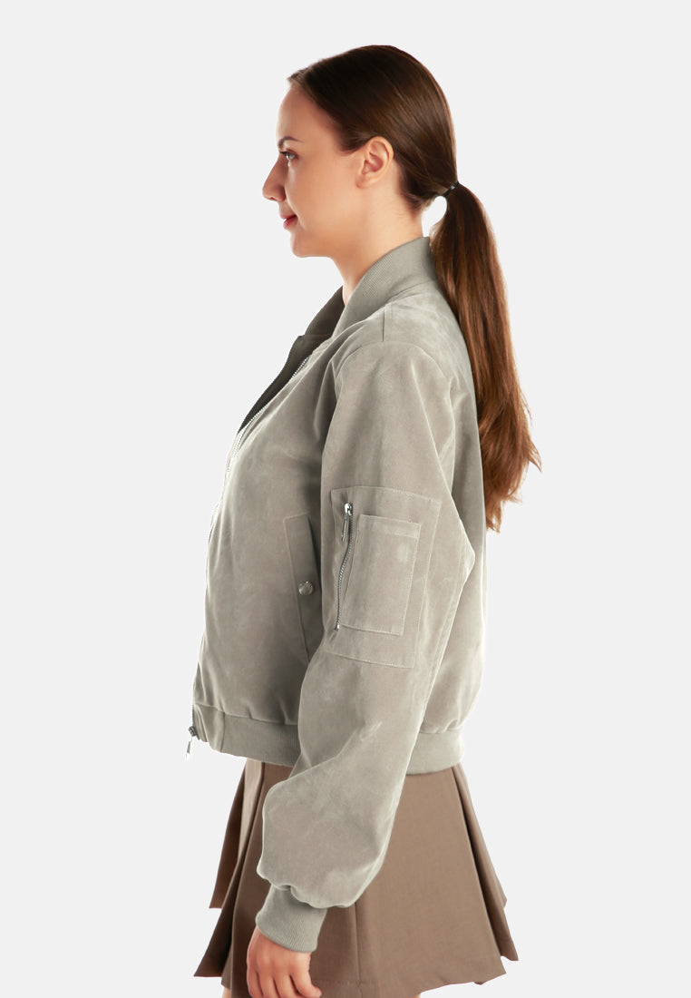 zipper detail bomber jacket#color_stone