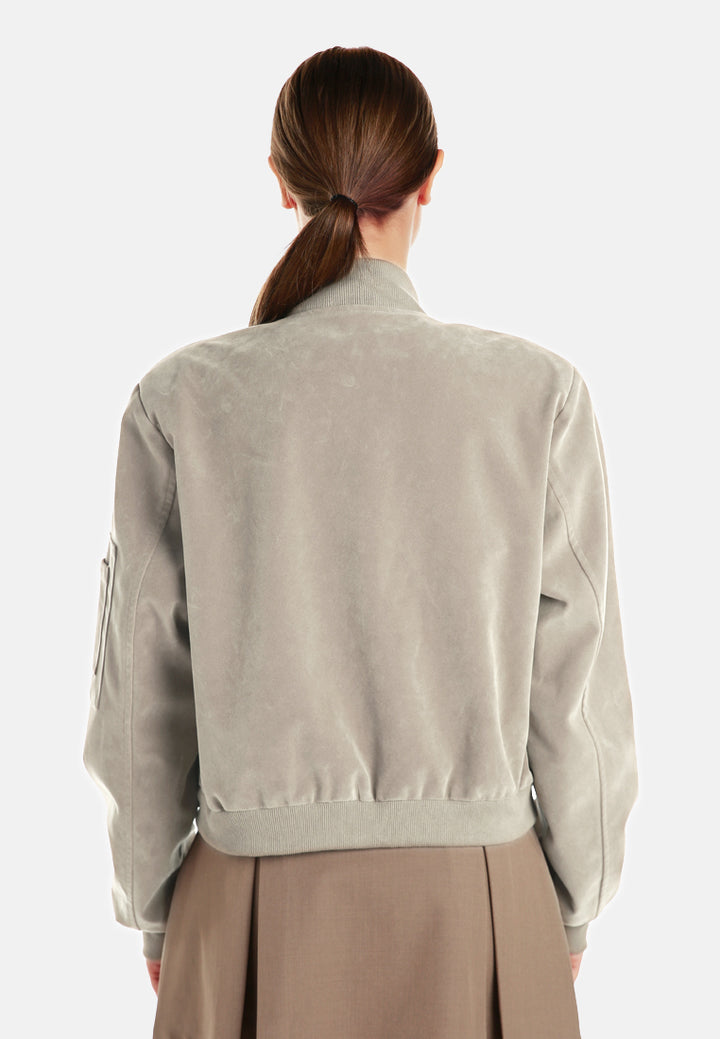 zipper detail bomber jacket#color_stone