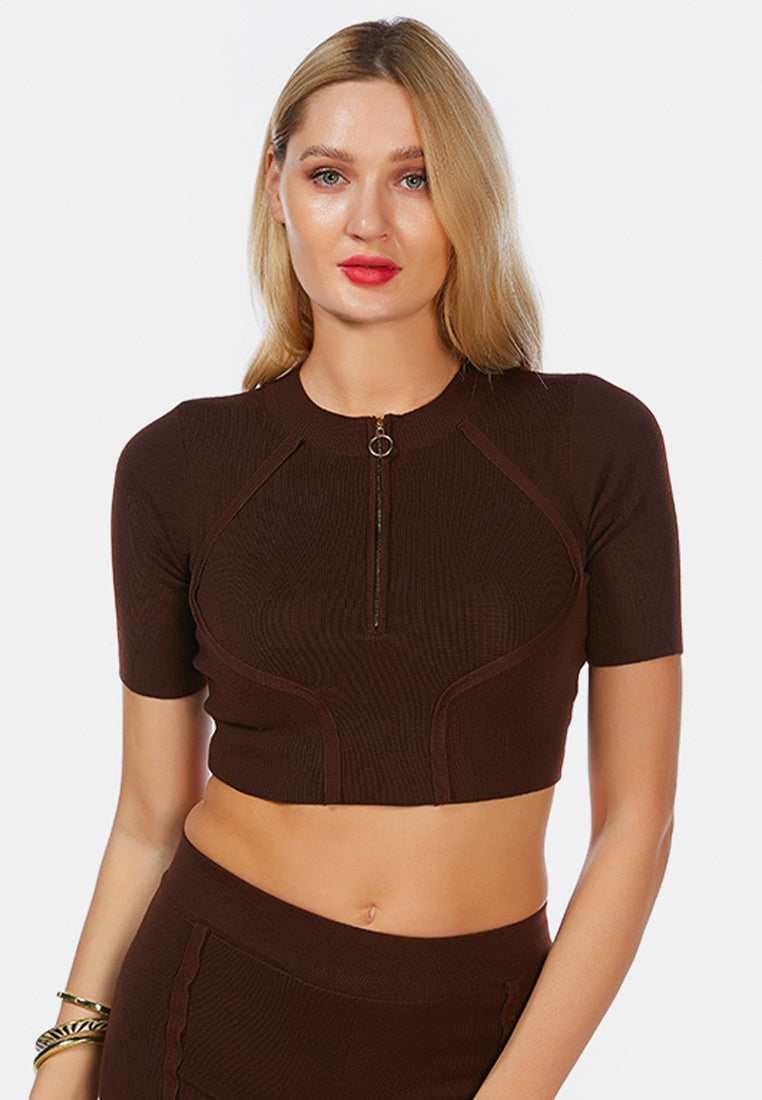 zip up half sleeve cropped cardigan#color_dark-brown
