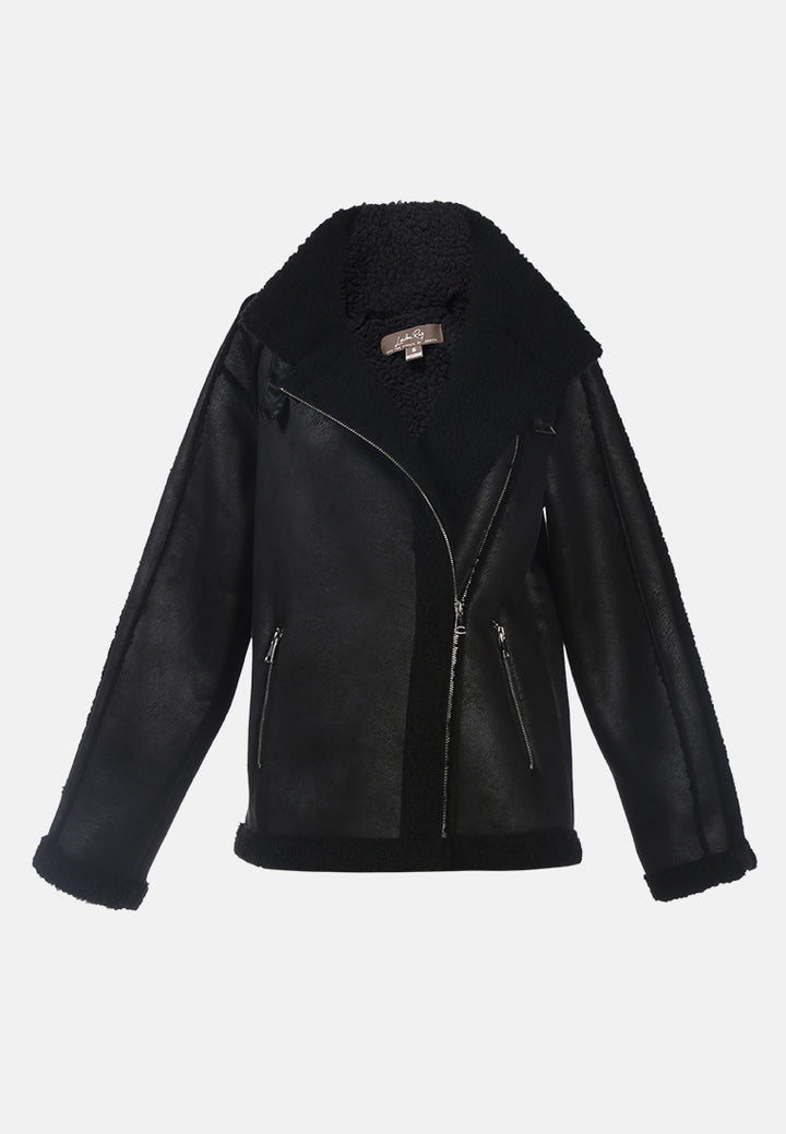 fur lined faux leather biker jacket#color_black