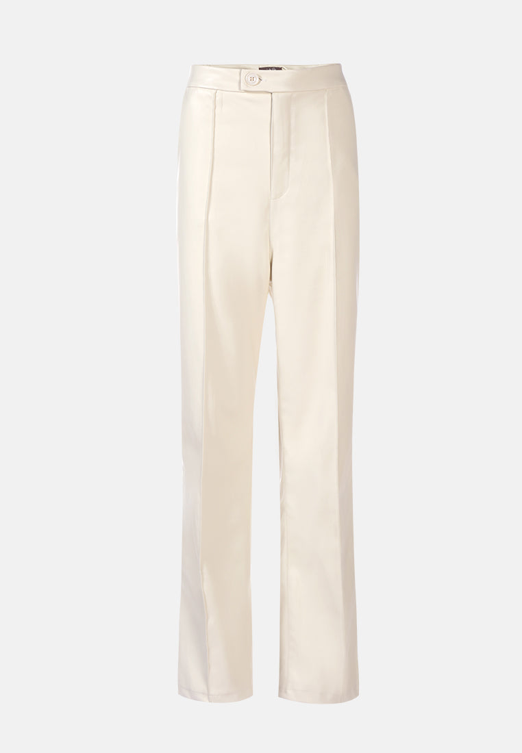 faux leather pleated high waist trousers#color_cream