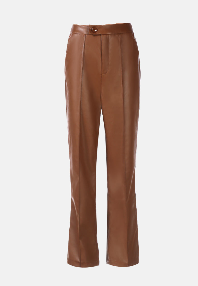 faux leather pleated high waist trousers#color_chocolate