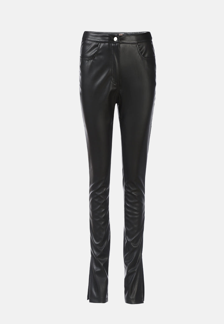 faux leather high waist split hem trouser#color_black