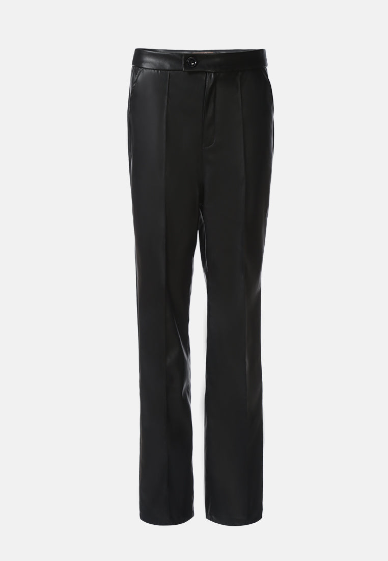 faux leather pleated high waist trousers#color_black