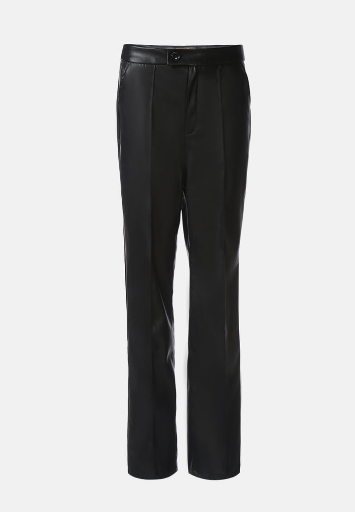 faux leather pleated high waist trousers#color_black