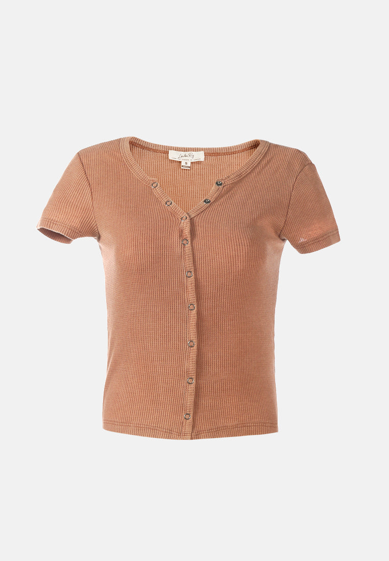 solid button up knitted top#color_brown