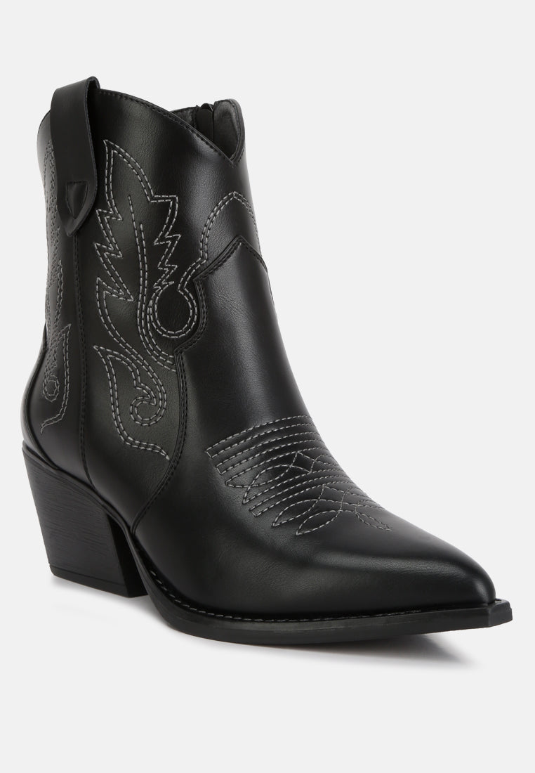 aries ankle length block heel cowboy boots#color_black