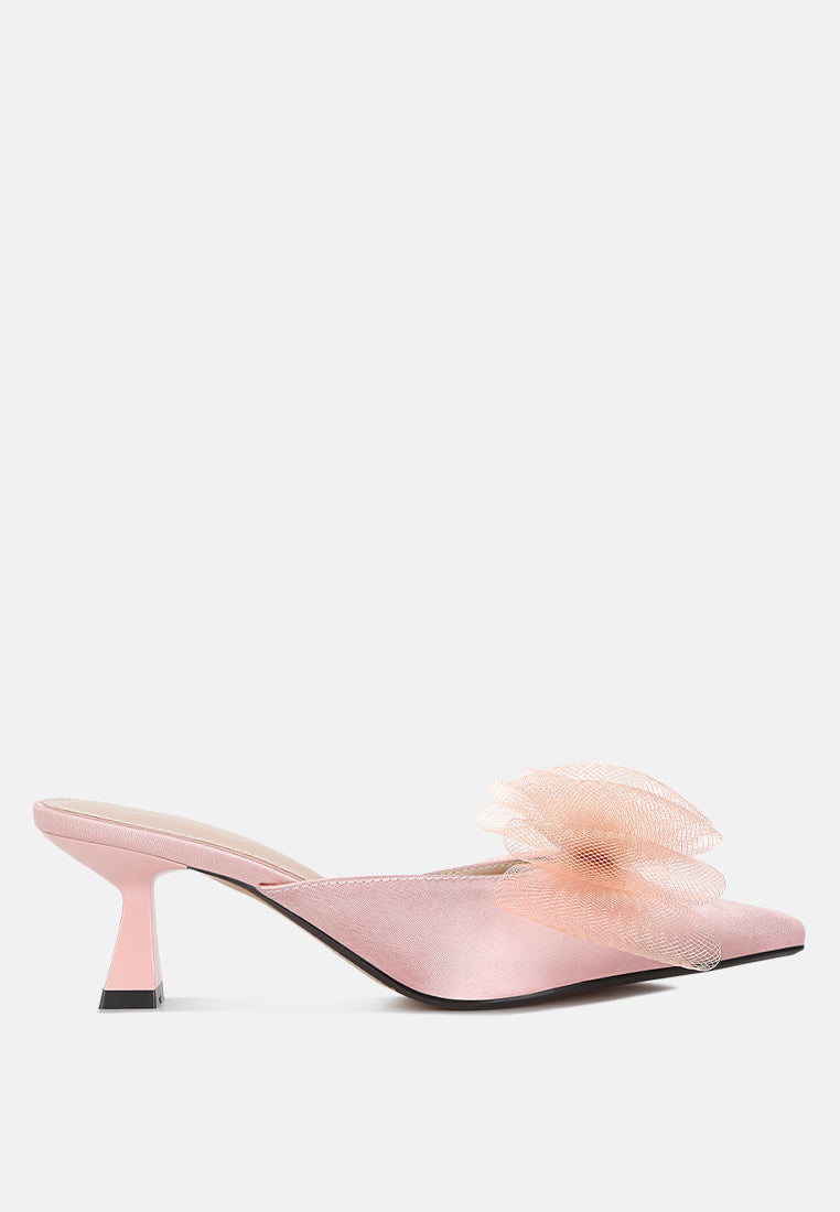 asma organza bow embellished satin mules by rag#color_pink