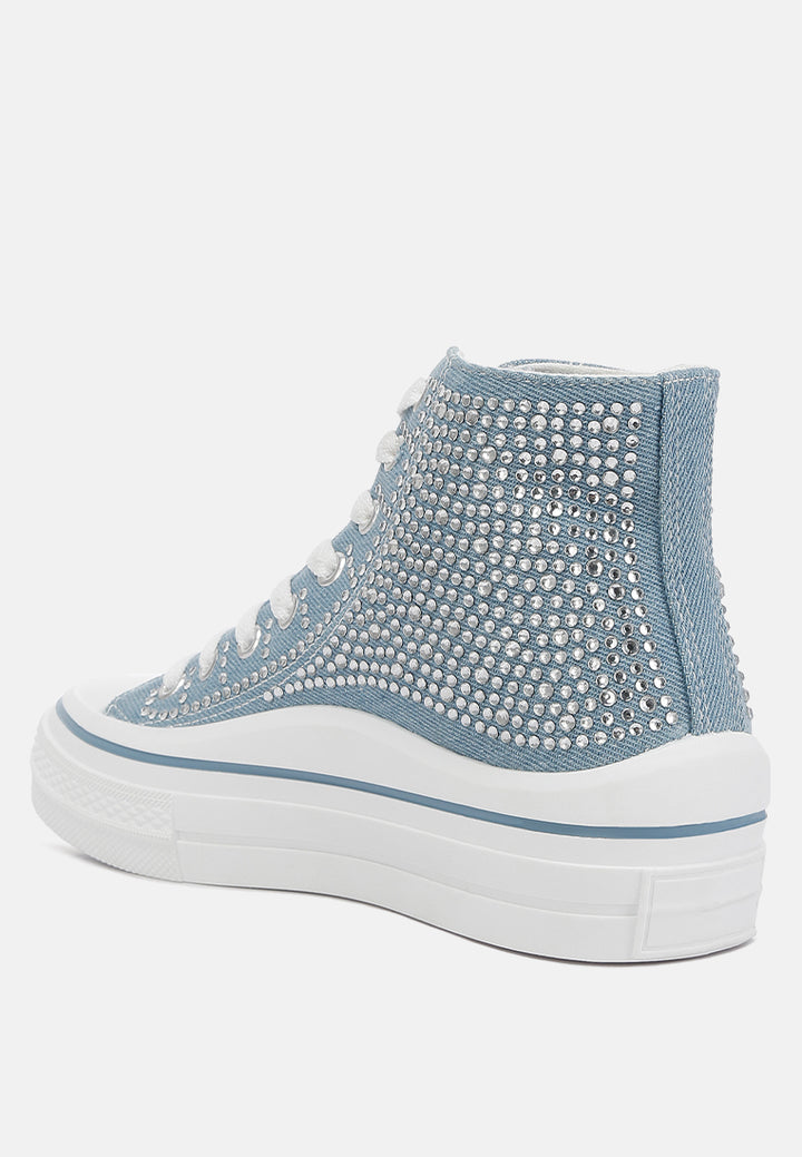 asuka rhinestone embellished ankle-length denim sneakers#color_denim