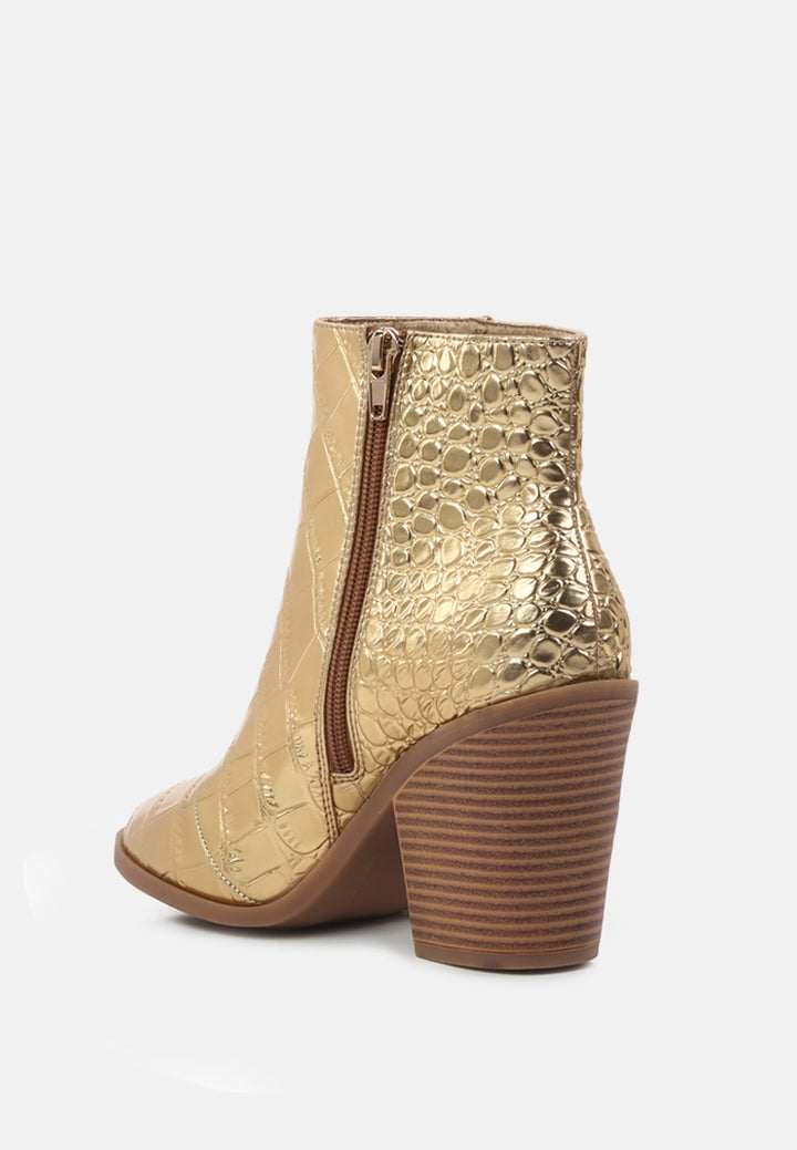avishag snake skin print block stacked heel ankle boots#color_gold