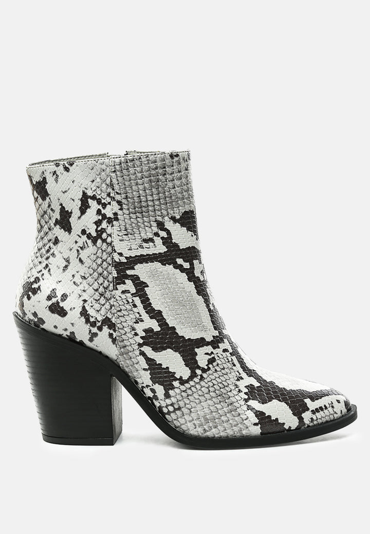 avishag snake skin print block stacked heel ankle boots#color_grey