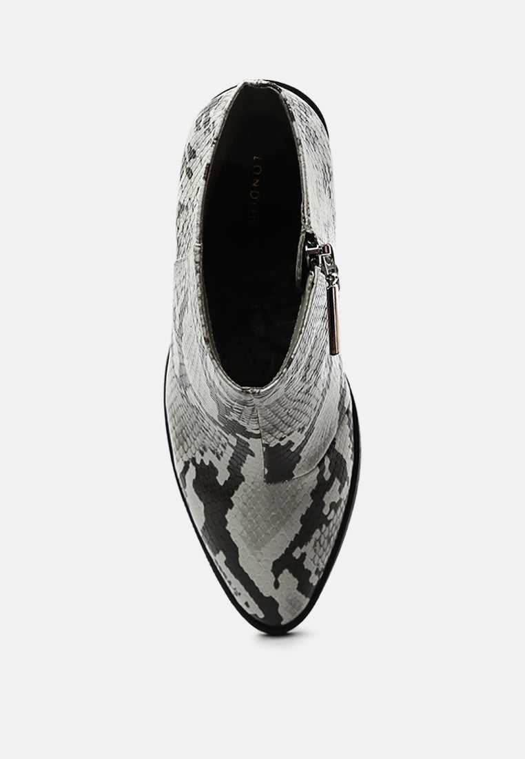 avishag snake skin print block stacked heel ankle boots#color_grey