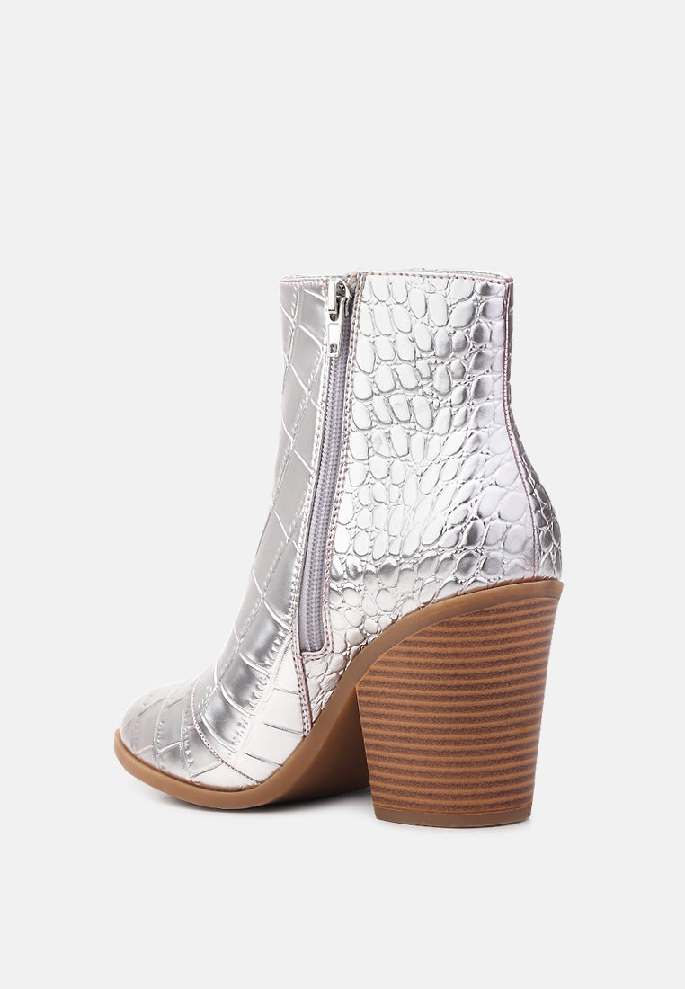 avishag snake skin print block stacked heel ankle boots#color_silver