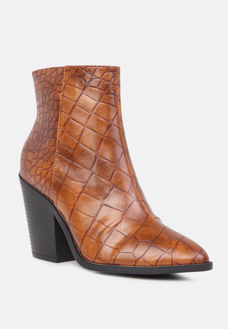 avishag snake skin print block stacked heel ankle boots#color_tan