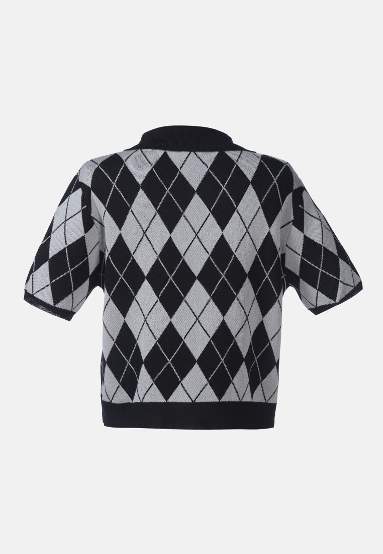  argyle checks half sleeve cropped cardigan#color_black