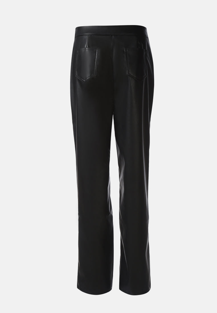 faux leather pleated high waist trousers#color_black