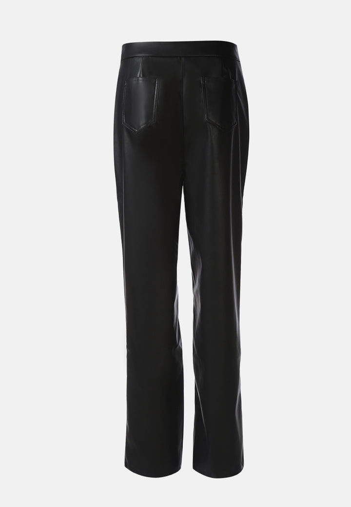 faux leather pleated high waist trousers#color_black