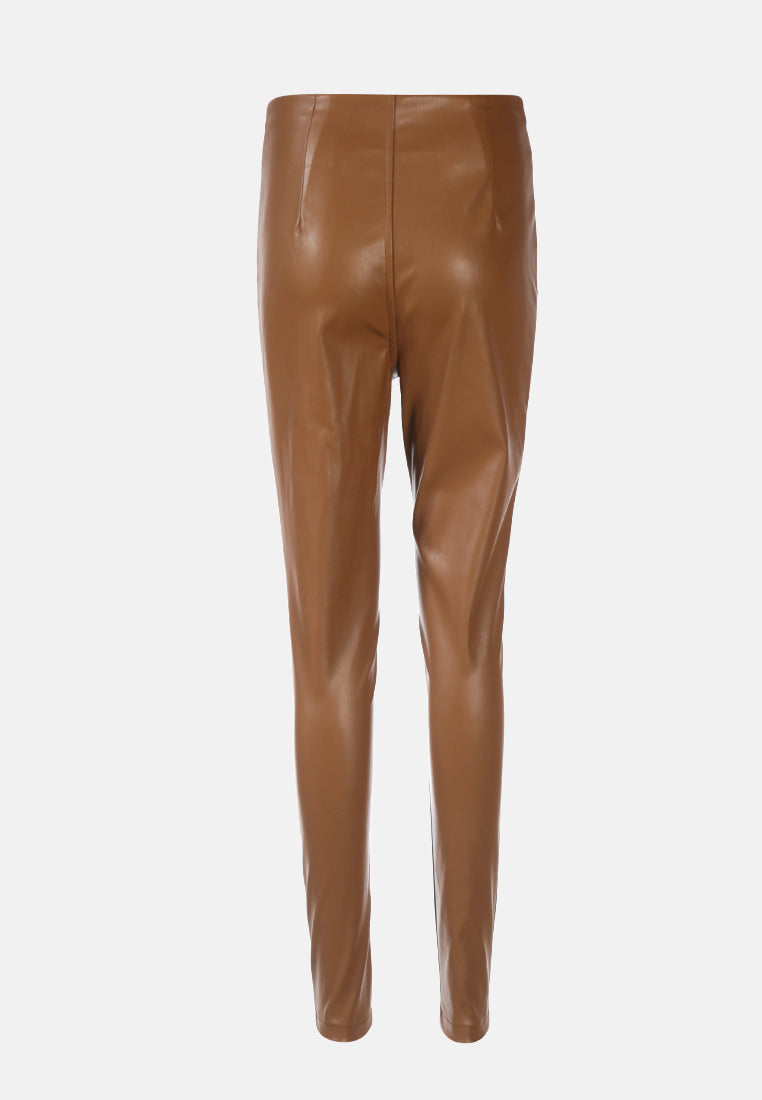 faux leather stitch detail high waist leggings#color_chocolate