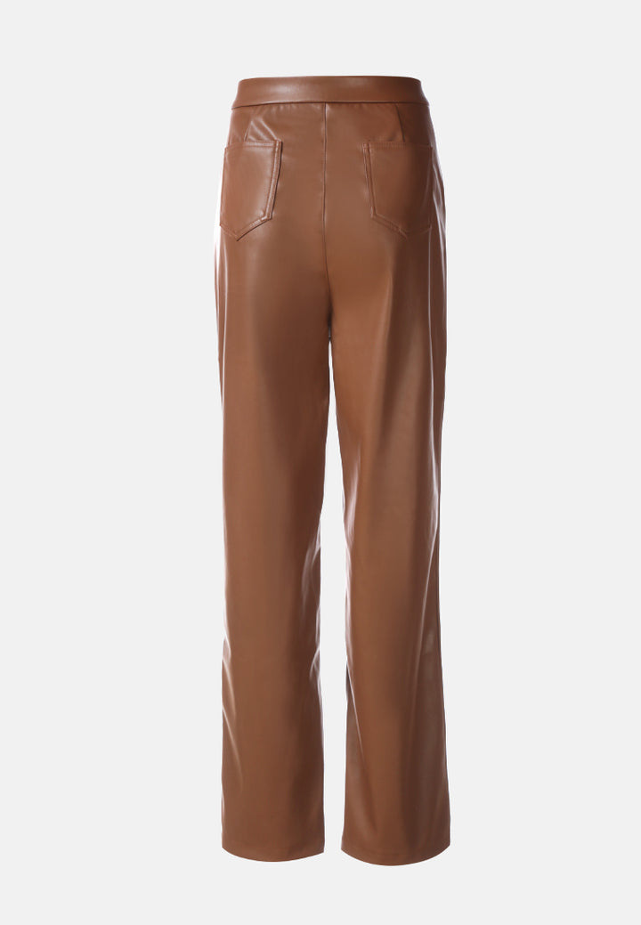 faux leather pleated high waist trousers#color_chocolate