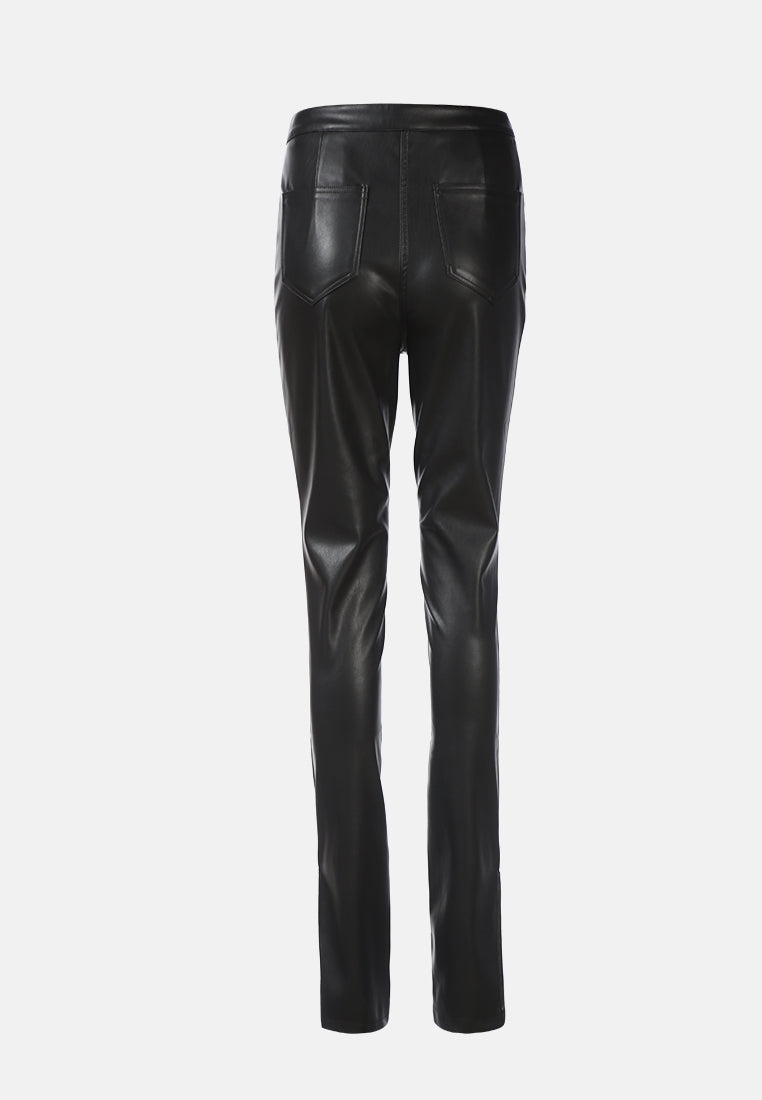 faux leather high waist split hem trouser#color_black