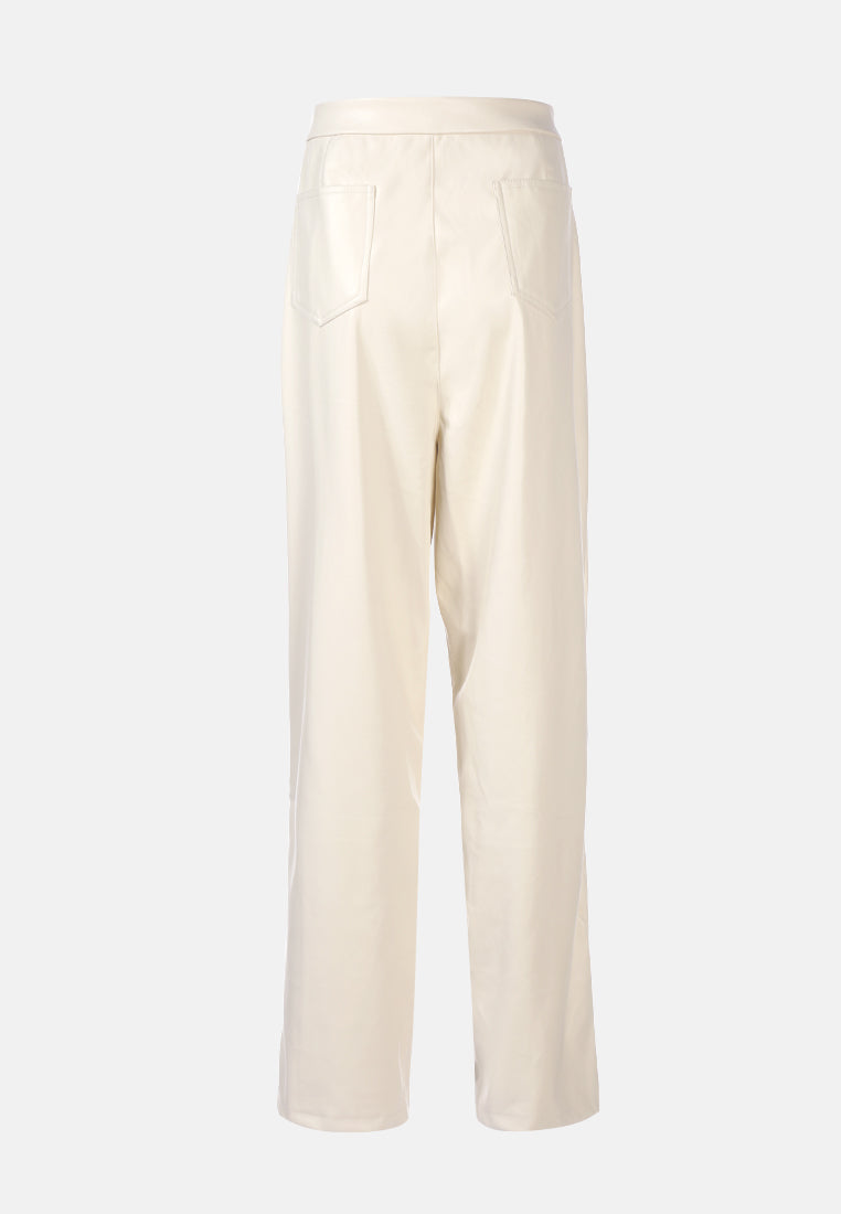 faux leather pleated high waist trousers#color_cream