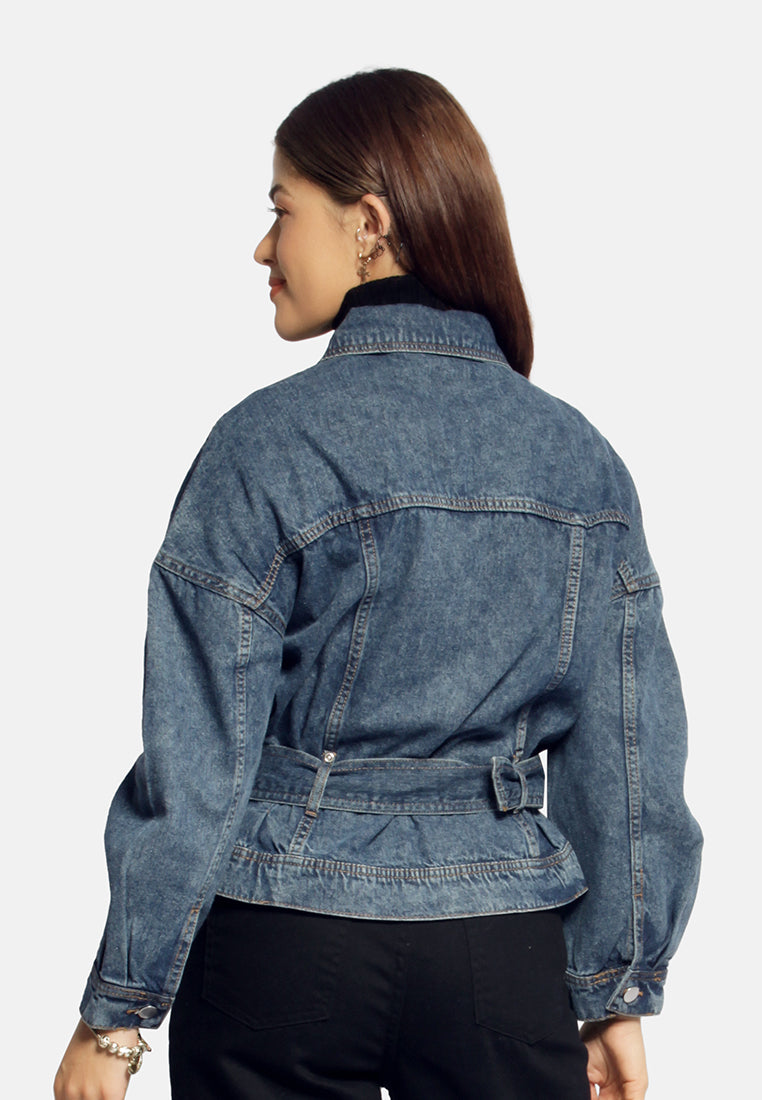 balloon sleeve belted denim shacket#color_mid-blue