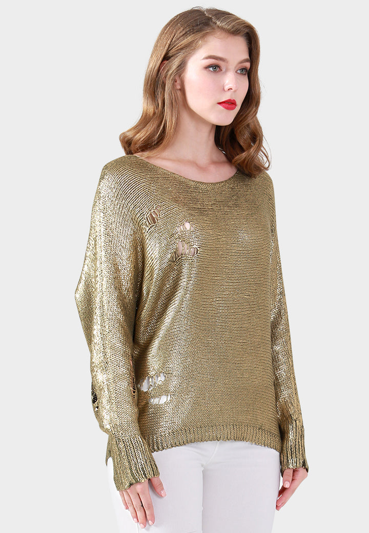 batwing full sleeve metallic sweater#color_khaki