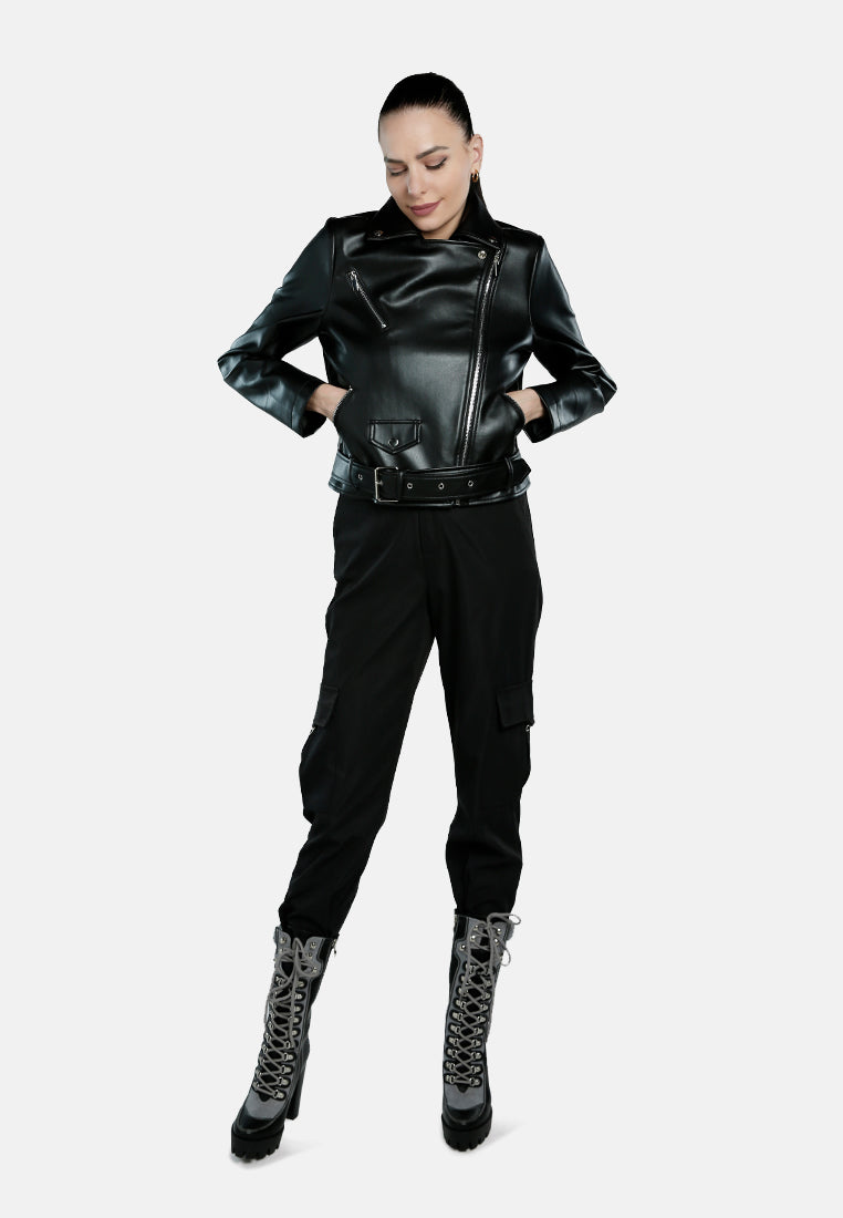 belted faux leather biker jacket#color_black