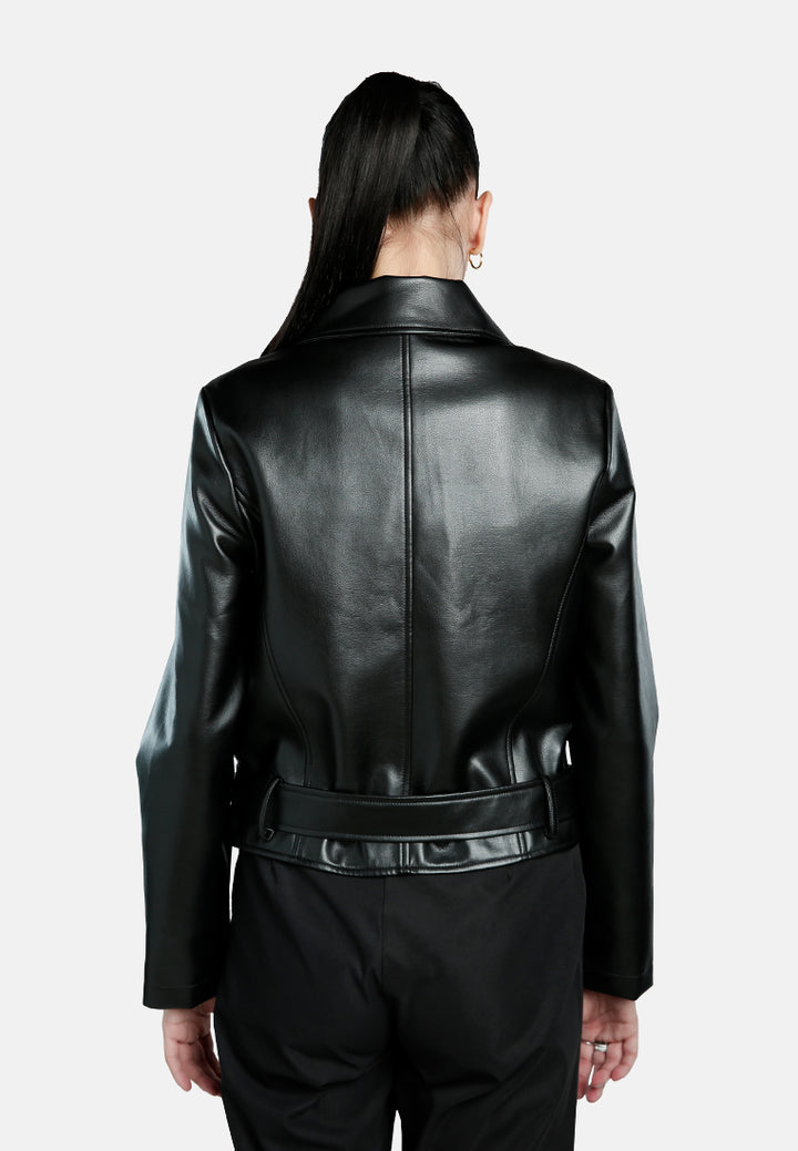 belted faux leather biker jacket#color_black