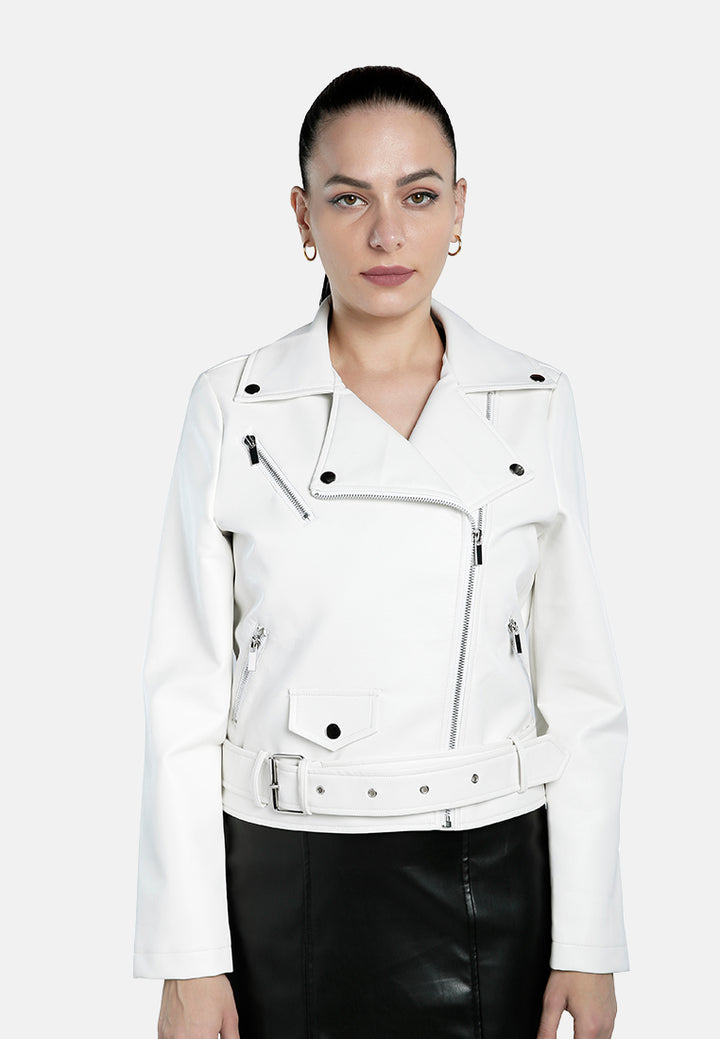 belted faux leather biker jacket#color_white