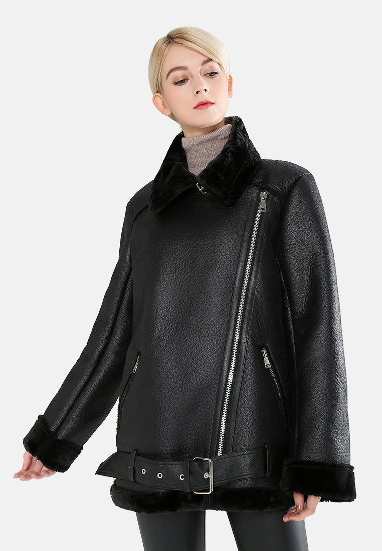 biker jacket with faux fur collar#color_black