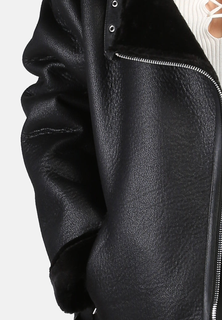 biker jacket with faux fur collar#color_black