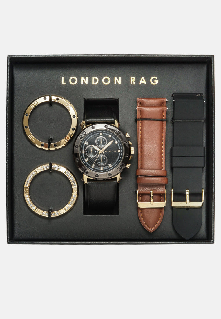 black and gold men's analog watch set#color_black