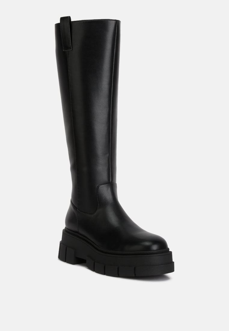 blume faux leather chunky platform knee length boots#color_black