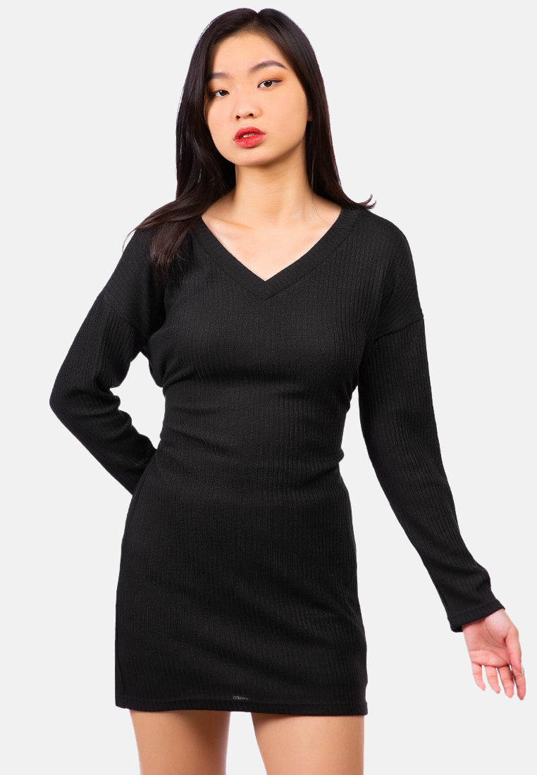 bodycon tie behind knit dress#color_black