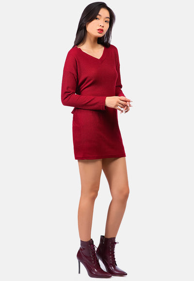 bodycon tie behind knit dress#color_burgundy