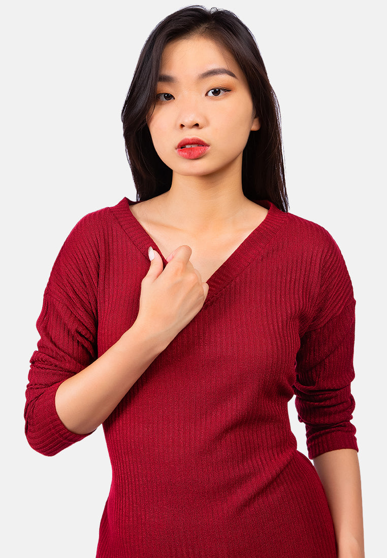 bodycon tie behind knit dress#color_burgundy