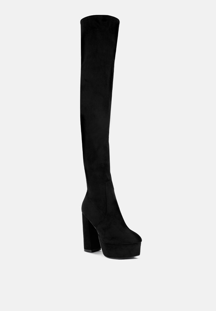 bubble high block heeled over the knee faux suede boots#color_black-suede