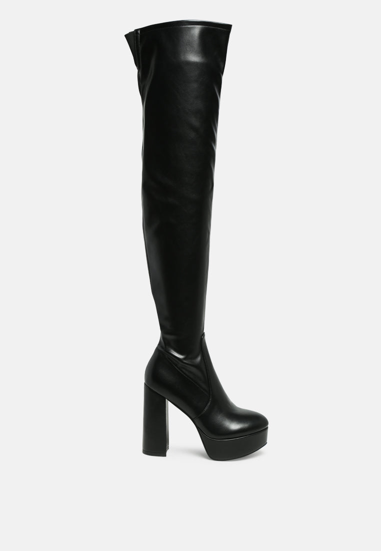 bubble high block heeled over the knee faux suede boots#color_black-pu