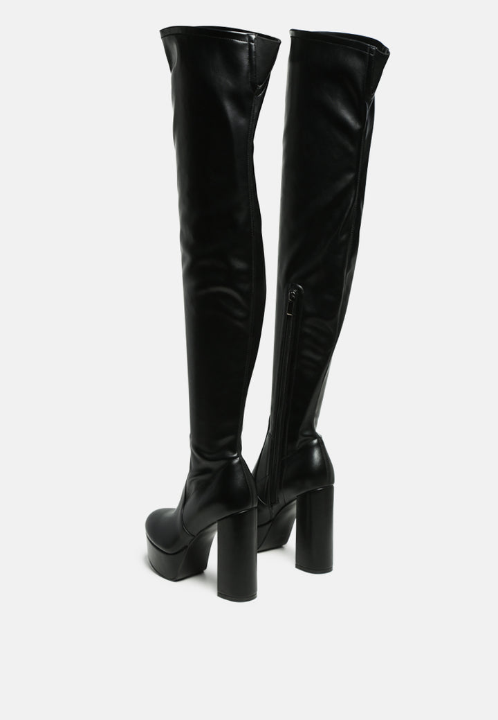 bubble high block heeled over the knee faux suede boots#color_black-pu