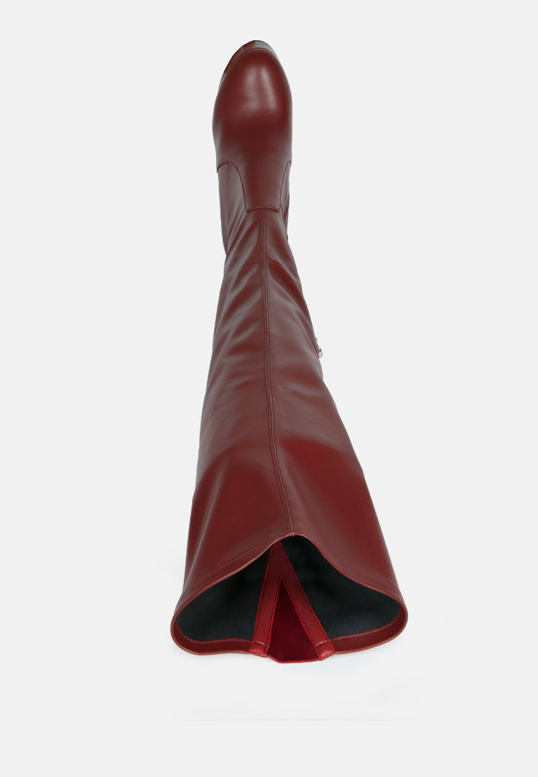 bubble high block heeled over the knee faux suede boots#color_burgundy