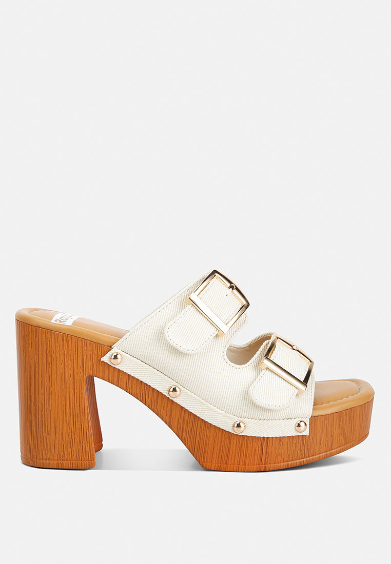 buckle straps high block heel clogs by ruw#color_beige