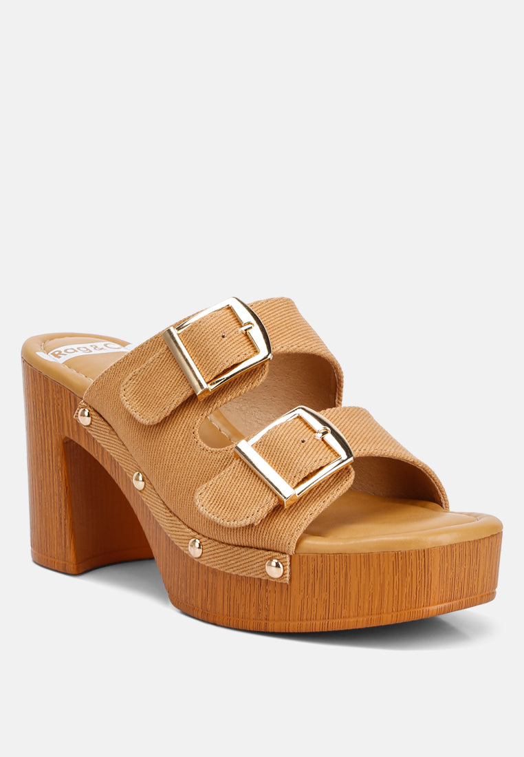 buckle straps high block heel clogs by ruw#color_tan