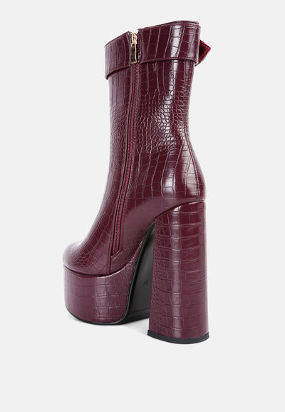 bumpy croc high block heeled chunky ankle boots#color_burgundy