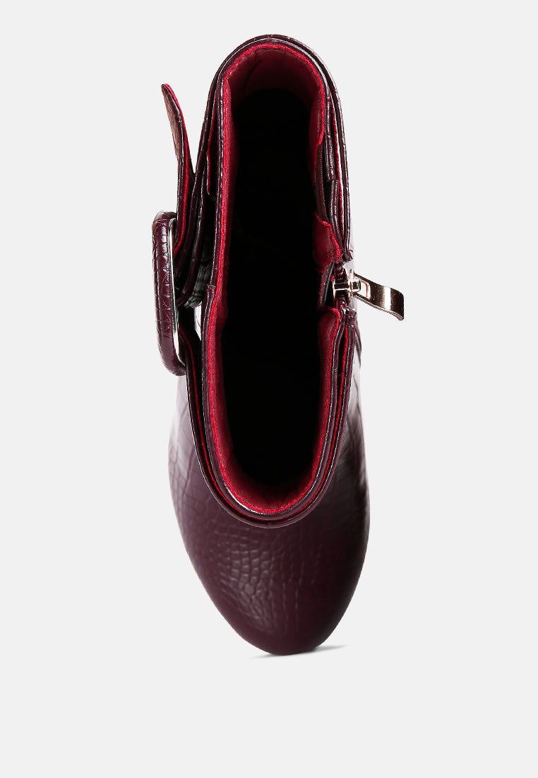 bumpy croc high block heeled chunky ankle boots#color_burgundy