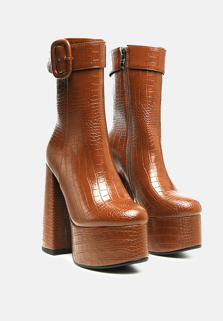 bumpy croc high block heeled chunky ankle boots#color_tan