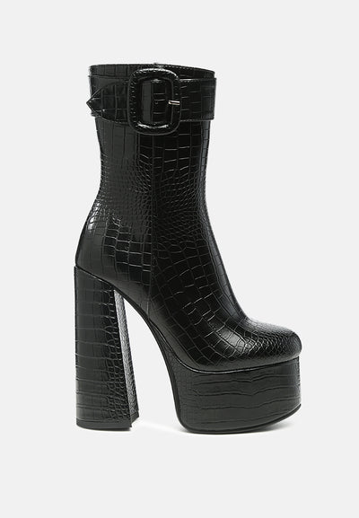 bumpy croc high block heeled chunky ankle boots#color_black